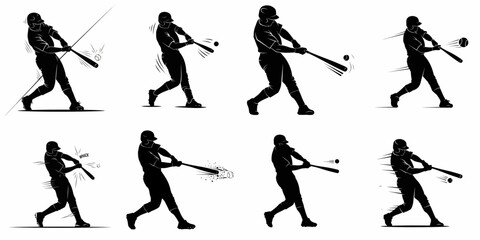Collection of 8 black silhouettes showing baseball players hitting a ball with a bat, depicting various swing actions, speed, and impact.