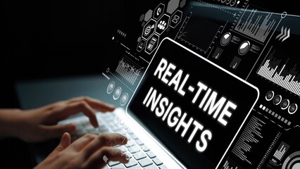 Modern Data Analysis with Real-Time Insights Displayed on a Laptop Screen in a Dark Environment. Asymptotic smart data analytic.