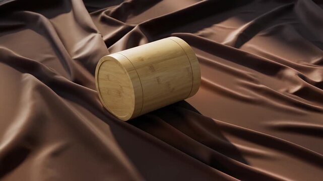 Zero waste beauty packaging bamboo container for sustainable eco friendly cosmetic and skincare storage, natural reusable box with elegant brown silk fabric background, minimalist design