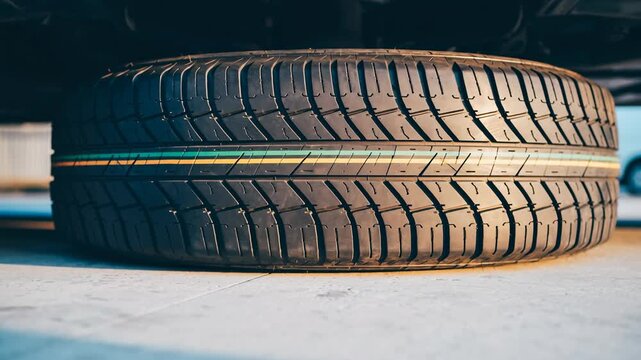 Eco friendly delivery tire vehicle outdoors, detailed tread pattern and black rubber texture for sustainable transportation, automotive industry, and modern logistics solution emphasizing efficient