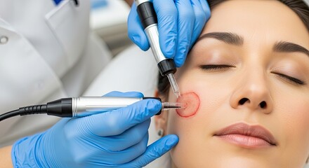 Naklejka premium A dermatologist performs a microdermabrasion treatment on a patient's face.