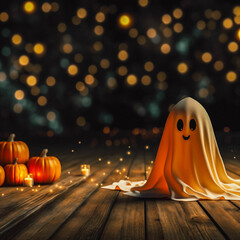 Cute Ghost Figurine on Wooden Table with Warm Bokeh Lights at Night