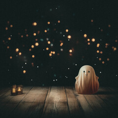 Cute Ghost Figurine on Wooden Table with Warm Bokeh Lights at Night