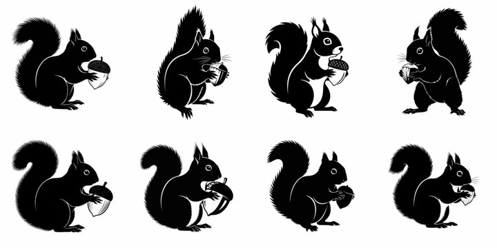 Eight black squirrel silhouettes holding acorns, collection of vector graphics illustrating woodland wildlife and autumn nature themes on a white background.