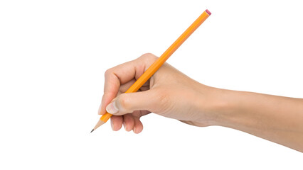 Close-up of a human hand holding a wooden pencil for writing or drawing, isolated on a white background