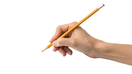 Close-up of a human hand holding a wooden pencil for writing or drawing, isolated on a white background