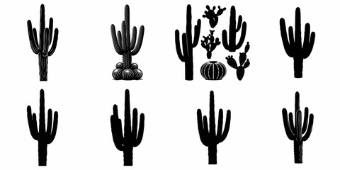 Obraz premium Black Silhouette Set of Desert Cactus and Succulents Vector Icons, Including Saguaro, Prickly Pear, and Barrel Varieties Isolated on White Background.