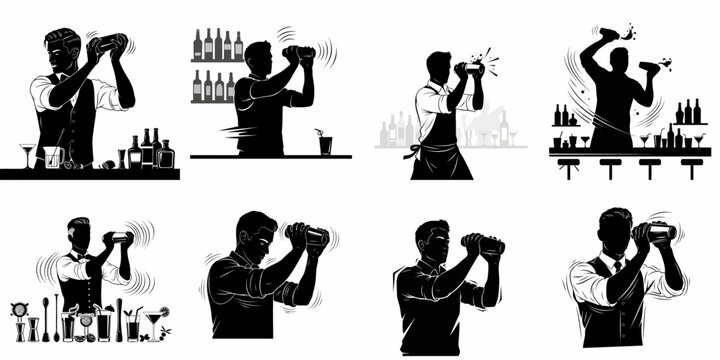 Bartender Silhouettes Collection: Eight stylish black and white vector illustrations of mixologists shaking cocktails behind a bar counter.