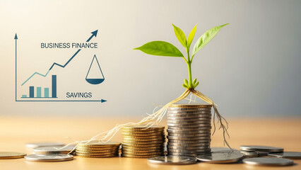 Business finance growth concept with plant growing on coins and savings graph