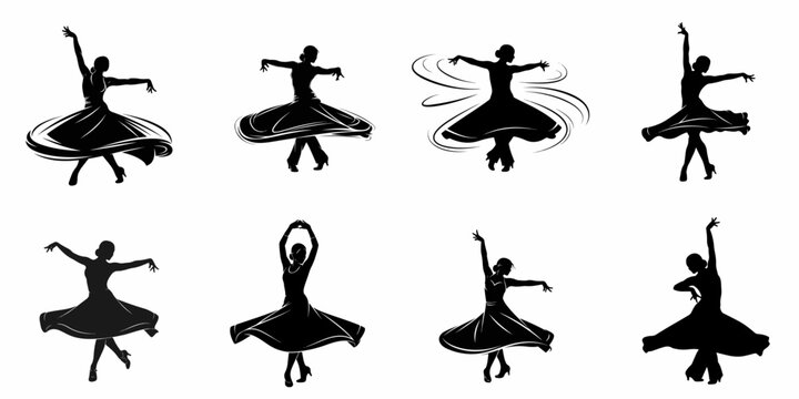 Set of black silhouettes illustrating dynamic female dancers in motion, performing flamenco, salsa, or Latin ballroom dances.