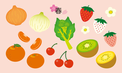 春の旬の食べ物イラストセット|いちご・キウイ・みかん・さくらんぼ・玉ねぎ・菜の花/教育向け素材/Spring seasonal food illustration set
