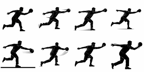 Collection of eight black silhouettes of male bowlers in action poses, delivering the bowling ball on the lane, isolated on white background.