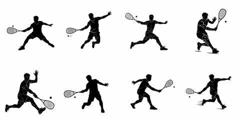 Squash Player Silhouettes Set: Dynamic Collection of Male Athletes Hitting the Ball, Running, and Jumping in Various Action Poses, Isolated on White Background.