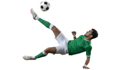 Dynamic soccer player: bicycle kick in action with ball in midair