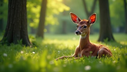 Young deer resting in sun-dappled forest clearing, environment, beauty, wild