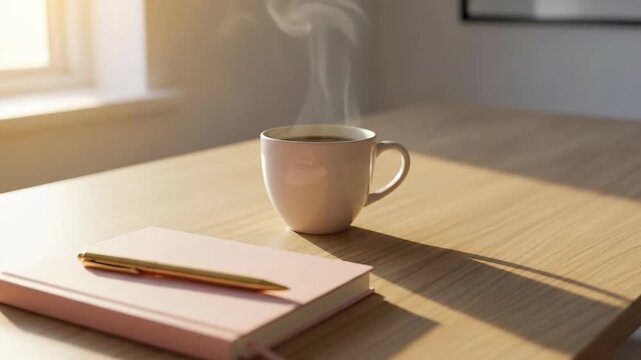 Steaming Coffee Cup on Desk with Pink Notebook and Golden Pen in Daylight