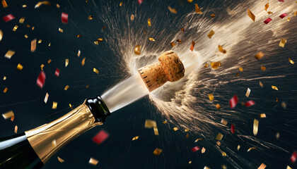 Champagne bottle exploding cork with vibrant golden confetti creating a joyful celebration