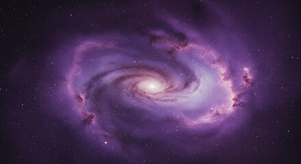 Purple galaxy with a bright central nucleus swirling arms and surrounding nebula and stars