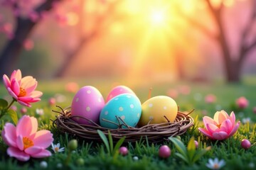 Sunrise paints pastel eggs nestled in vibrant spring blooms , outdoor, landscape