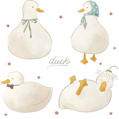 水彩風の白いアヒルのイラストセット