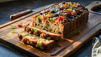Delicious fruitcake with candied fruits and nuts on a wooden cutting board, a classic festive dessert