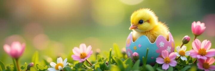 Tiny chick peeking from colorful Easter egg, amongst delicate spring blossoms , image, blossom, vibrant