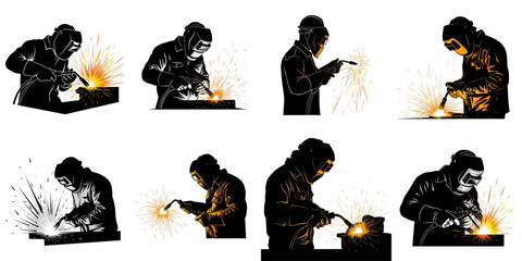 Eight vector silhouettes of industrial welders working with bright sparks and arcs, depicting metal fabrication, construction, and heavy industry labor.