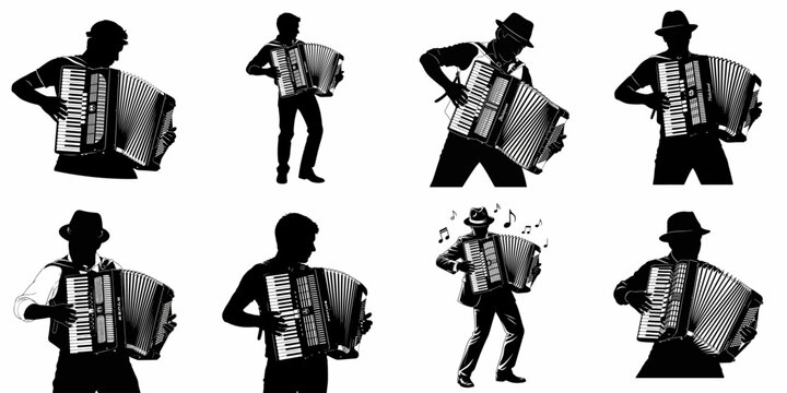 Collection of eight black and white silhouettes of men playing the accordion, depicting various musicians and musical styles like folk and jazz.