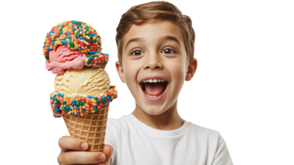 Joyful child holding rainbow ice cream in waffle cone