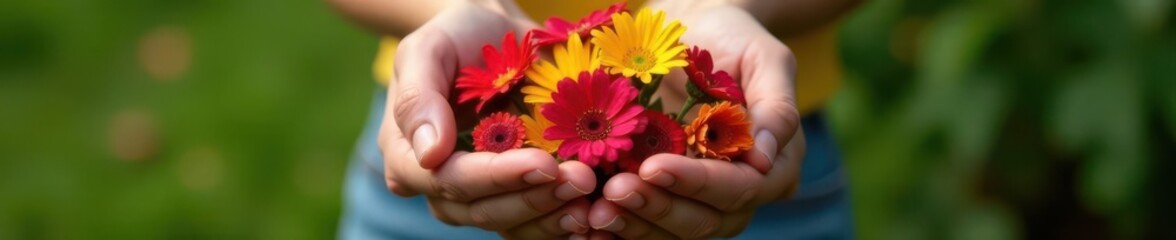Two hands cradling a vibrant wildflower bunch, close-up, green