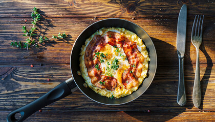 Delicious breakfast omelet with bacon and herbs cooked in a frying pan on a wooden table