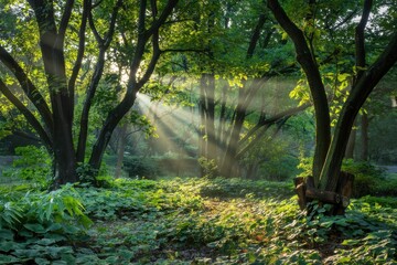 Fototapeta premium Sunbeams breaking through dense forest canopy in lush green woods