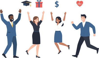 Happy people jumping, celebrating success, education, health, finance, teamwork, motivation, achievement, lifestyle, joy, reward, wellness, graduation, running, icons, energetic, diverse