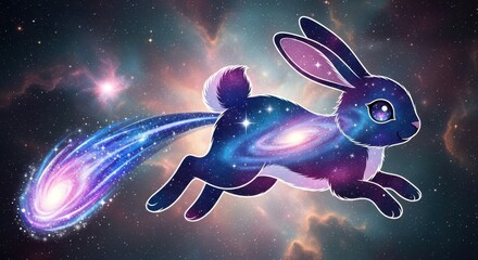 Whimsical rabbit silhouette filled with swirling cosmic nebula and stars leaps through deep space