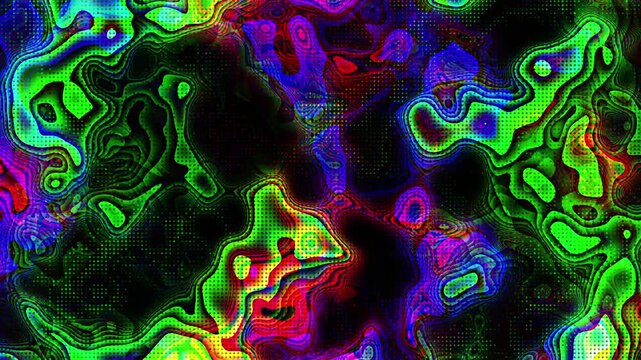 Abstract neon hypnotic trippy background. Psychedelic wave deformation animated abstract curved shapes and halftone design colorful holographic swirl animation. Looping footage hippie tie dye