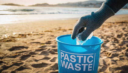 Ocean cleanup operations involve collecting plastic waste from sandy beaches to protect marine environments and promote sustainability for future generations
