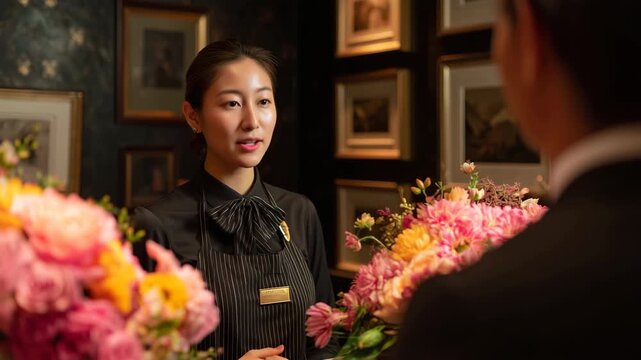 女性スタッフがホテルの受付で、丁寧に対応している様子