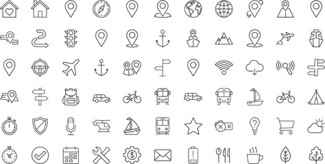 Travel, navigation, outdoor, adventure, tourism, icons, blue, line, vector, map, location, compass, transport, camping, journey, vacation, exploration, direction, mobility, travel-related © Aminul