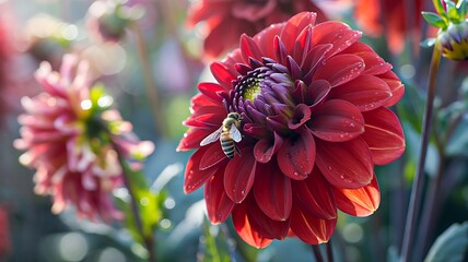 Red dahlia flower in full bloom with bee collecting pollen in garden
