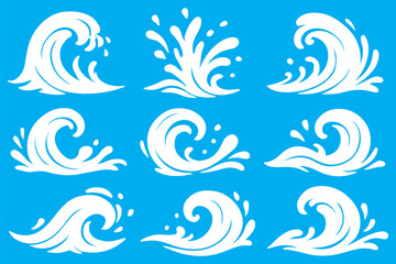 Black waves and splashes of water set. Swirls, curves and flow of liquid clip art. Silhouette of water flows, vector elements on a white background.