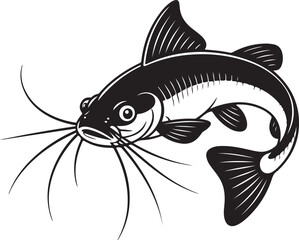 Stylized black and white illustration of a catfish with whiskers