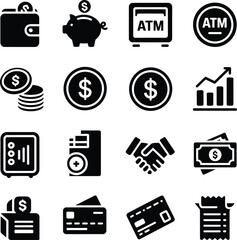 Black and white finance and money icons on white background