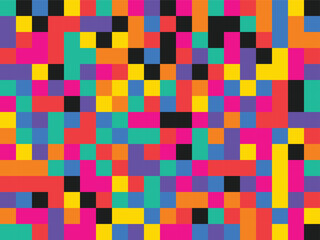 Bright multicolored pixelated design with black accents on