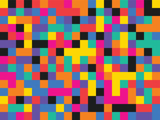 Colorful pixel mosaic with bright hues and black details on white