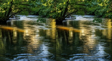 Serene River Reflection - Trees and Sunlight Dancing on the Water.