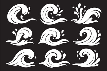 Black waves and splashes of water set. Swirls, curves and flow of liquid clip art. Silhouette of water flows, vector elements on a white background.