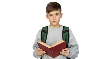 Focused boy reading book with backpack, isolated on white background