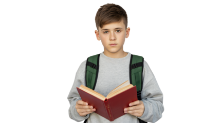 Focused boy reading book with backpack, isolated on white background