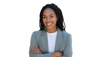 Confident black businesswoman in blazer with arms crossed