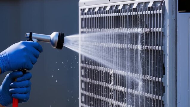 Close up of technician hands using high pressure water spray gun cleaning air conditioner cooling fins, home maintenance and hygiene service concept.